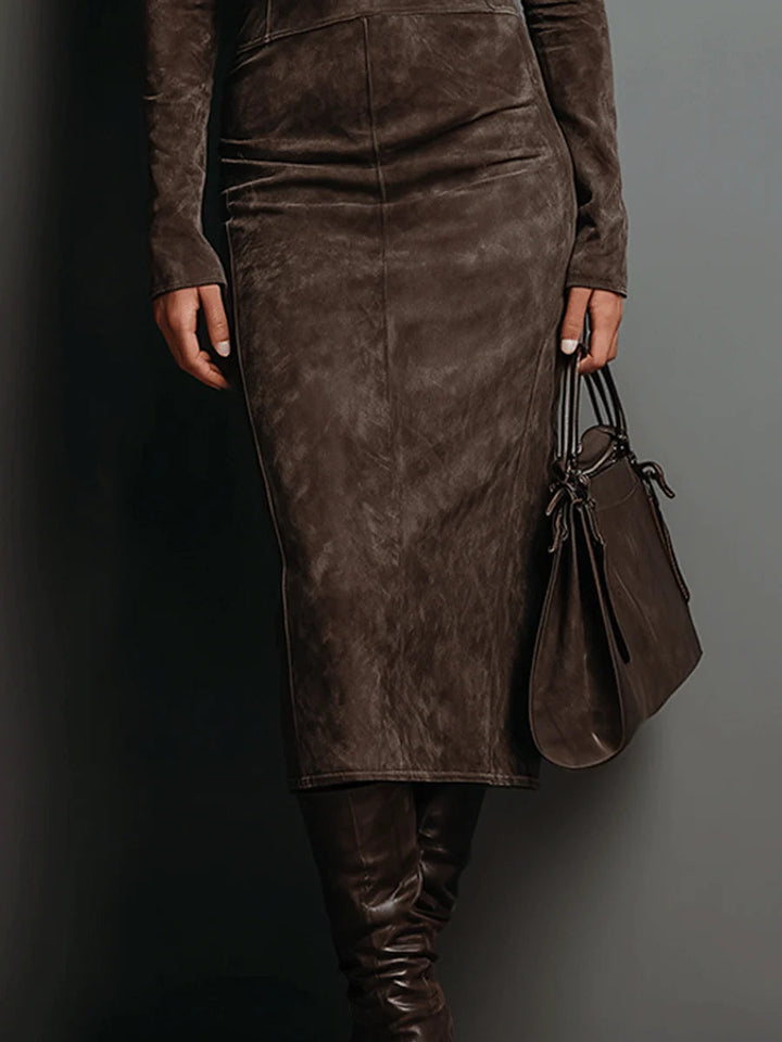 Ilaria | Midi Dress in Suede with High Collar and Long Sleeves