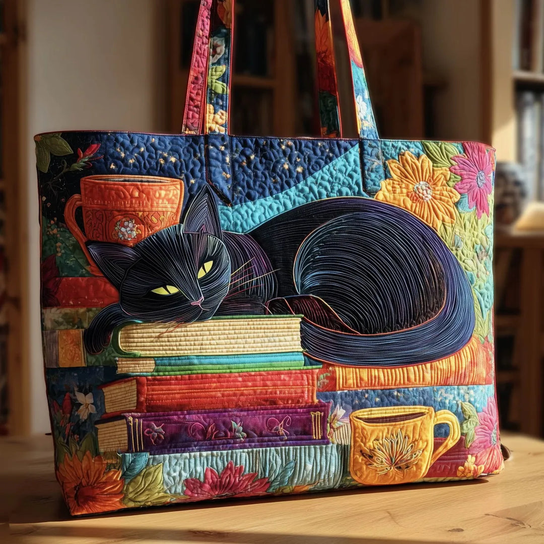 Artisanal tote bag - Black cat with books and mugs