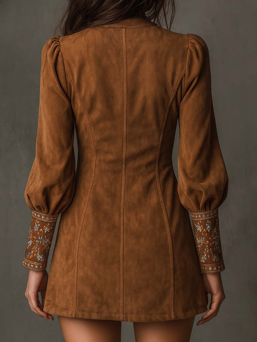 Beatrice | Vintage Brown Suede-Style Mini Dress with V-Neck and Embroidery
