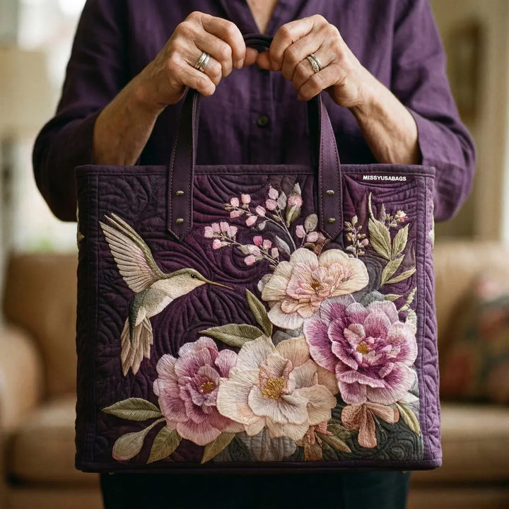 Quilted tote bag - Hummingbirds and orchids