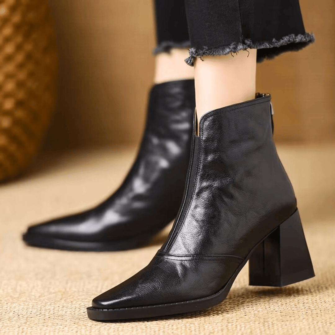 Mid-Heel Leather Ankle Boots