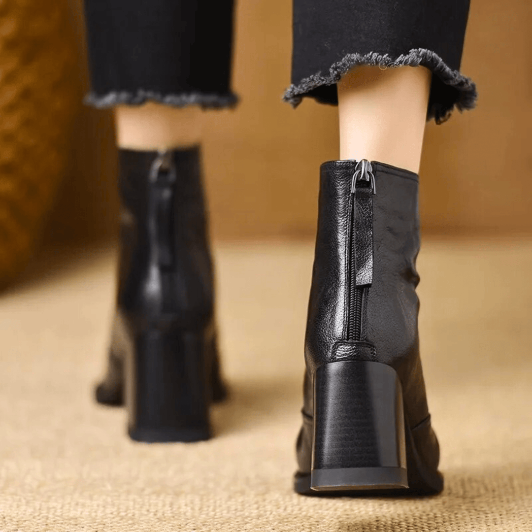 Mid-Heel Leather Ankle Boots