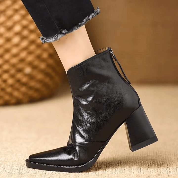 Mid-Heel Leather Ankle Boots