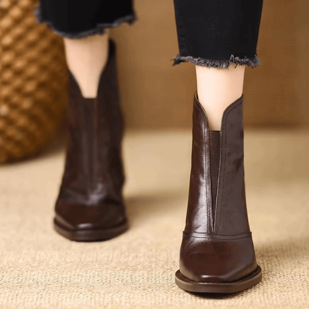 Mid-Heel Leather Ankle Boots