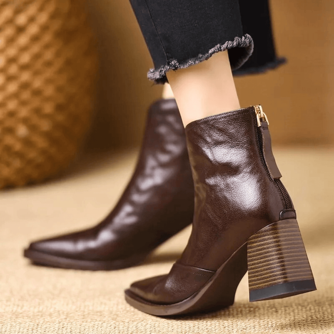 Mid-Heel Leather Ankle Boots